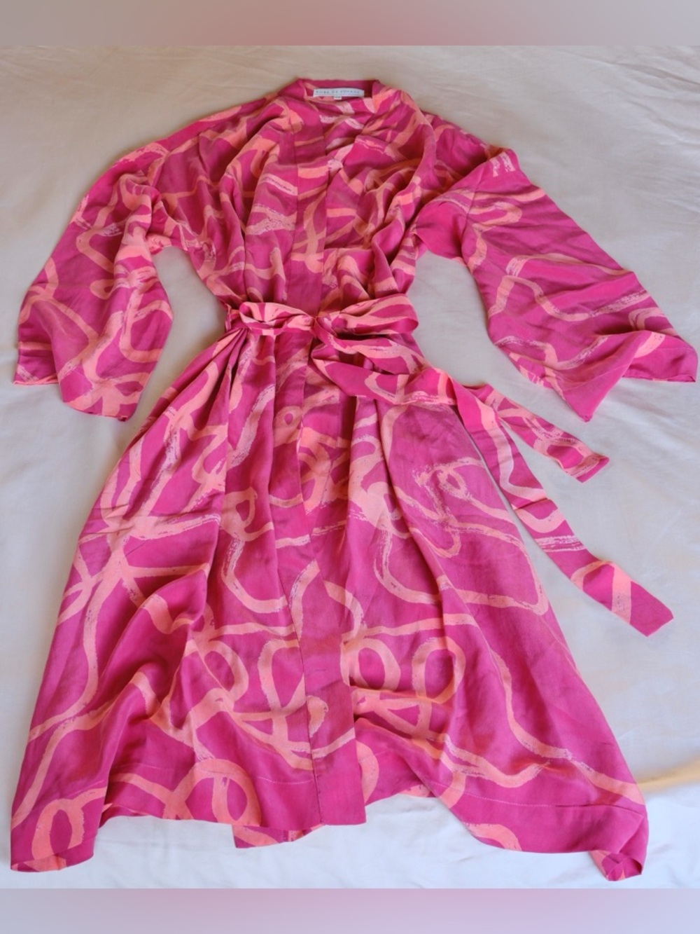 Luxury 100% Silk Ahimsa Robe Kimono Pink Scribble Resort Robe De Voyage NWOT - Picture 3 of 11